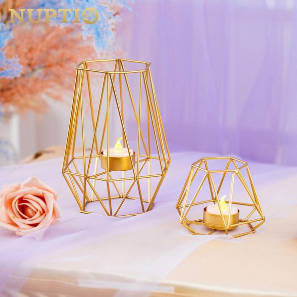 2 Pcs Metal Hexagon Shaped Geometric Design Tea Light Votive Candle Holders, Iron Hollow Tealight Candle Holders for Vintage Wedding Home Decoration, Gold (S + L) - Image 2