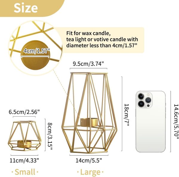 2 Pcs Metal Hexagon Shaped Geometric Design Tea Light Votive Candle Holders, Iron Hollow Tealight Candle Holders for Vintage Wedding Home Decoration, Gold (S + L) - Image 3
