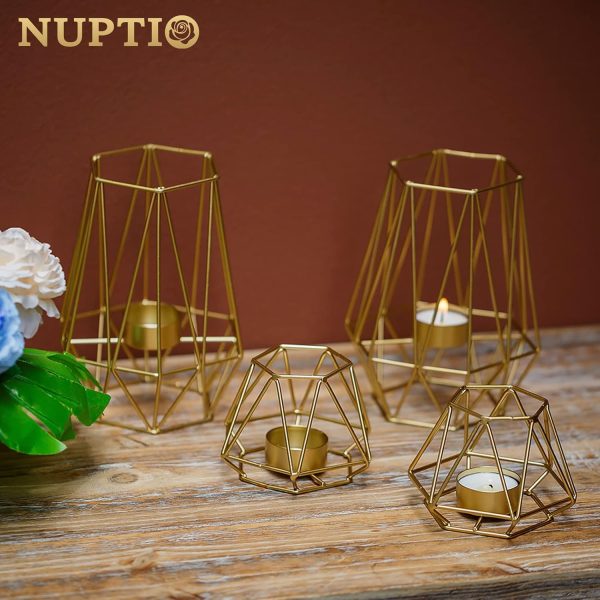 2 Pcs Metal Hexagon Shaped Geometric Design Tea Light Votive Candle Holders, Iron Hollow Tealight Candle Holders for Vintage Wedding Home Decoration, Gold (S + L) - Image 4