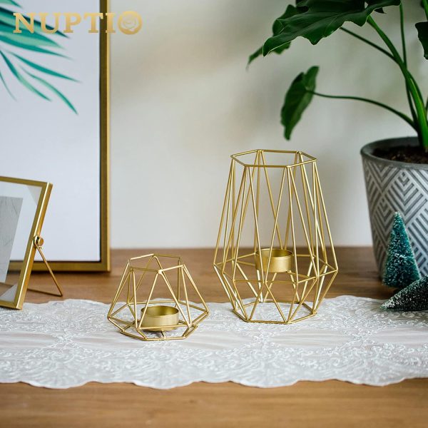 2 Pcs Metal Hexagon Shaped Geometric Design Tea Light Votive Candle Holders, Iron Hollow Tealight Candle Holders for Vintage Wedding Home Decoration, Gold (S + L) - Image 5