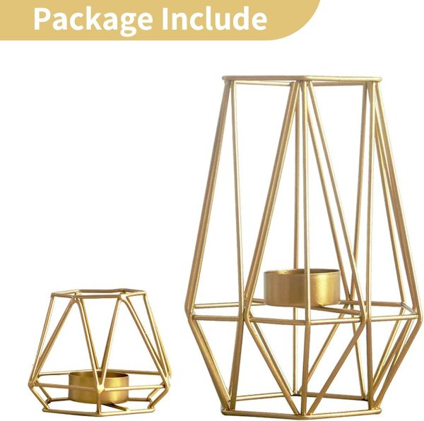 2 Pcs Metal Hexagon Shaped Geometric Design Tea Light Votive Candle Holders, Iron Hollow Tealight Candle Holders for Vintage Wedding Home Decoration, Gold (S + L) - Image 6