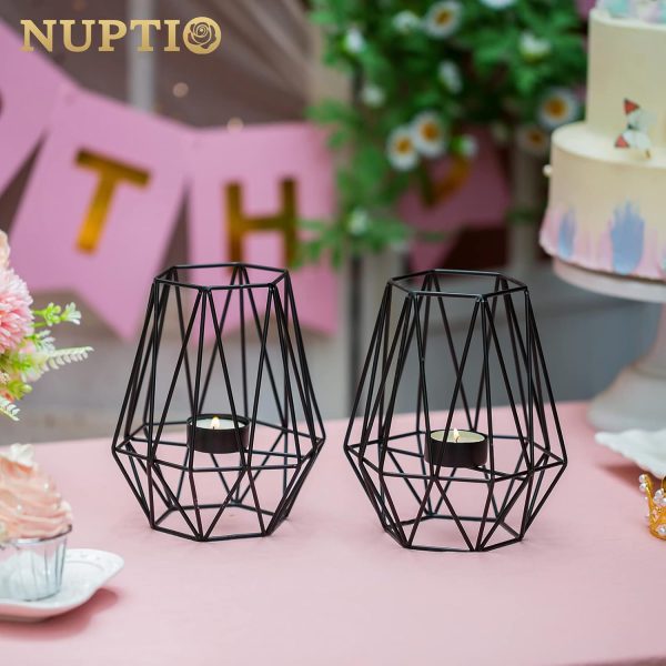 2 Pcs Metal Hexagon Shaped Geometric Design Tea Light Votive Candle Holders, Iron Hollow Tealight Candle Holders for Vintage Wedding Home Decoration, Gold (S + L) - Image 11
