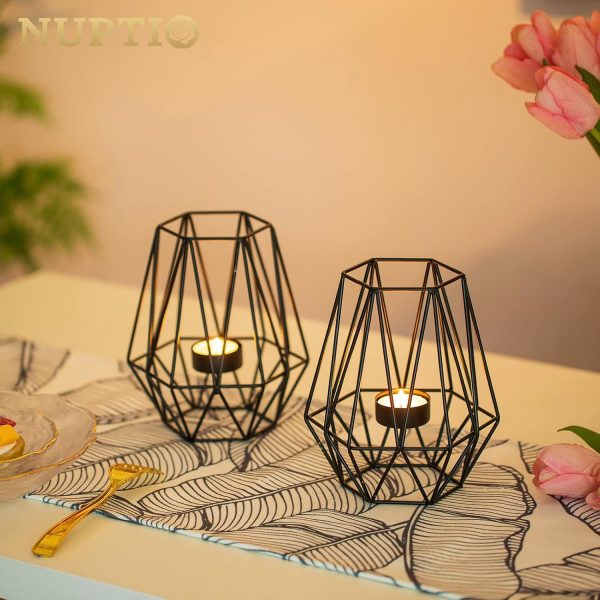 2 Pcs Metal Hexagon Shaped Geometric Design Tea Light Votive Candle Holders, Iron Hollow Tealight Candle Holders for Vintage Wedding Home Decoration, Gold (S + L) - Image 14