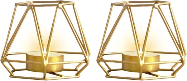 2 Pcs Metal Hexagon Shaped Geometric Design Tea Light Votive Candle Holders, Iron Hollow Tealight Candle Holders for Vintage Wedding Home Decoration, Gold (S + L) - Image 16