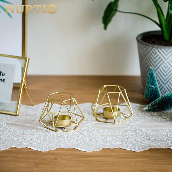 2 Pcs Metal Hexagon Shaped Geometric Design Tea Light Votive Candle Holders, Iron Hollow Tealight Candle Holders for Vintage Wedding Home Decoration, Gold (S + L) - Image 17