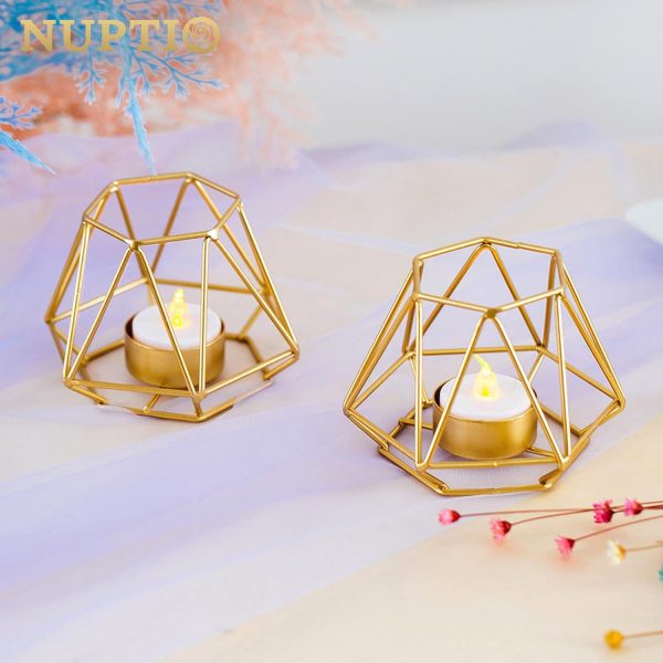 2 Pcs Metal Hexagon Shaped Geometric Design Tea Light Votive Candle Holders, Iron Hollow Tealight Candle Holders for Vintage Wedding Home Decoration, Gold (S + L) - Image 19
