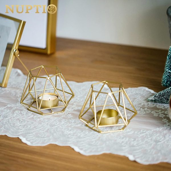2 Pcs Metal Hexagon Shaped Geometric Design Tea Light Votive Candle Holders, Iron Hollow Tealight Candle Holders for Vintage Wedding Home Decoration, Gold (S + L) - Image 20
