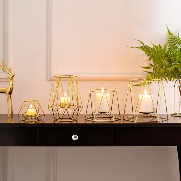 2 Pcs Metal Hexagon Shaped Geometric Design Tea Light Votive Candle Holders, Iron Hollow Tealight Candle Holders for Vintage Wedding Home Decoration, Gold (S + L) - Image 21