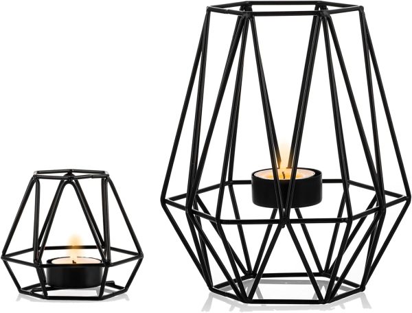 2 Pcs Metal Hexagon Shaped Geometric Design Tea Light Votive Candle Holders, Iron Hollow Tealight Candle Holders for Vintage Wedding Home Decoration, Gold (S + L) - Image 23