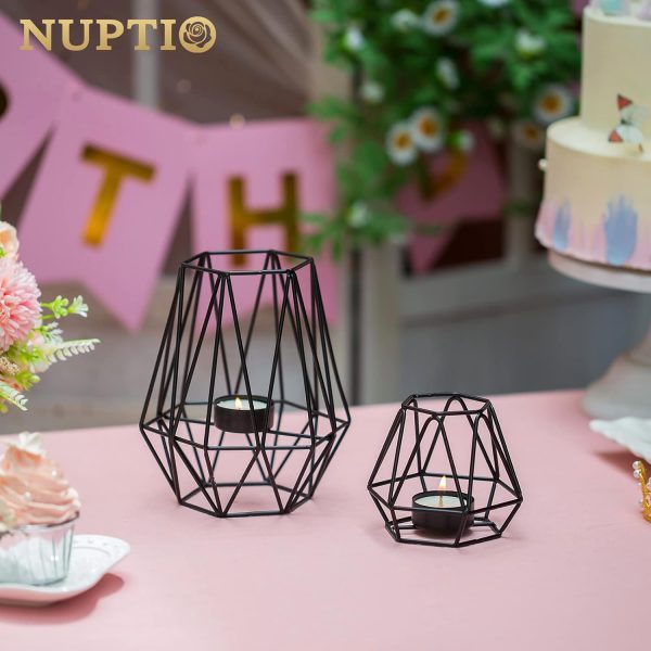 2 Pcs Metal Hexagon Shaped Geometric Design Tea Light Votive Candle Holders, Iron Hollow Tealight Candle Holders for Vintage Wedding Home Decoration, Gold (S + L) - Image 29