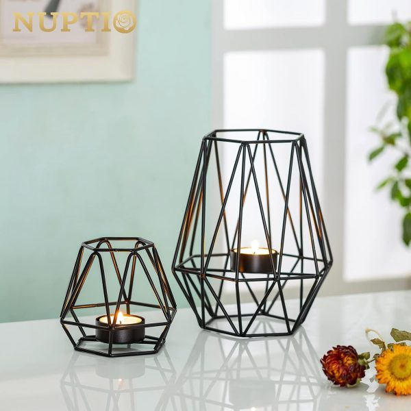 2 Pcs Metal Hexagon Shaped Geometric Design Tea Light Votive Candle Holders, Iron Hollow Tealight Candle Holders for Vintage Wedding Home Decoration, Gold (S + L) - Image 30