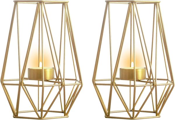 2 Pcs Metal Hexagon Shaped Geometric Design Tea Light Votive Candle Holders, Iron Hollow Tealight Candle Holders for Vintage Wedding Home Decoration, Gold (S + L) - Image 31
