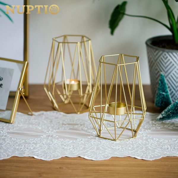 2 Pcs Metal Hexagon Shaped Geometric Design Tea Light Votive Candle Holders, Iron Hollow Tealight Candle Holders for Vintage Wedding Home Decoration, Gold (S + L) - Image 32