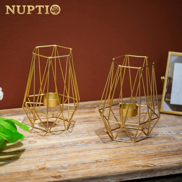 2 Pcs Metal Hexagon Shaped Geometric Design Tea Light Votive Candle Holders, Iron Hollow Tealight Candle Holders for Vintage Wedding Home Decoration, Gold (S + L) - Image 34