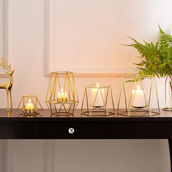 2 Pcs Metal Hexagon Shaped Geometric Design Tea Light Votive Candle Holders, Iron Hollow Tealight Candle Holders for Vintage Wedding Home Decoration, Gold (S + L) - Image 35