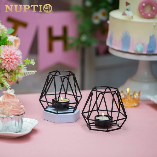 2 Pcs Metal Hexagon Shaped Geometric Design Tea Light Votive Candle Holders, Iron Hollow Tealight Candle Holders for Vintage Wedding Home Decoration, Gold (S + L) - Image 40