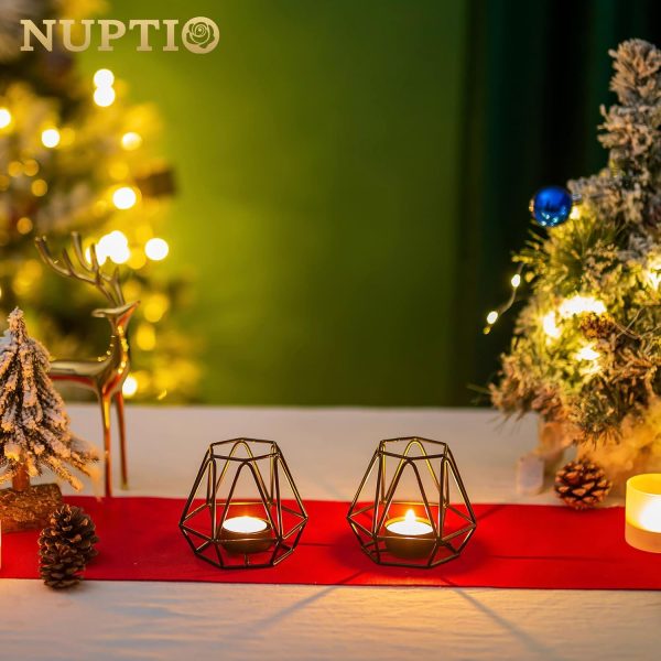 2 Pcs Metal Hexagon Shaped Geometric Design Tea Light Votive Candle Holders, Iron Hollow Tealight Candle Holders for Vintage Wedding Home Decoration, Gold (S + L) - Image 44