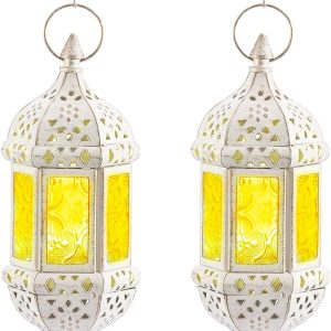 2 Pcs Moroccan Lantern Metalwork Hanging Tealight Candle Holder Metal Glass Indoor Outdoor Battery Operated LED Flameless with 13.8 inches Chain, White