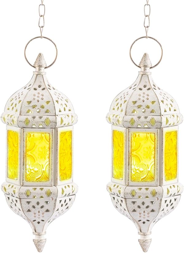 2 Pcs Moroccan Lantern Metalwork Hanging Tealight Candle Holder Metal Glass Indoor Outdoor Battery Operated LED Flameless with 13.8 inches Chain, White