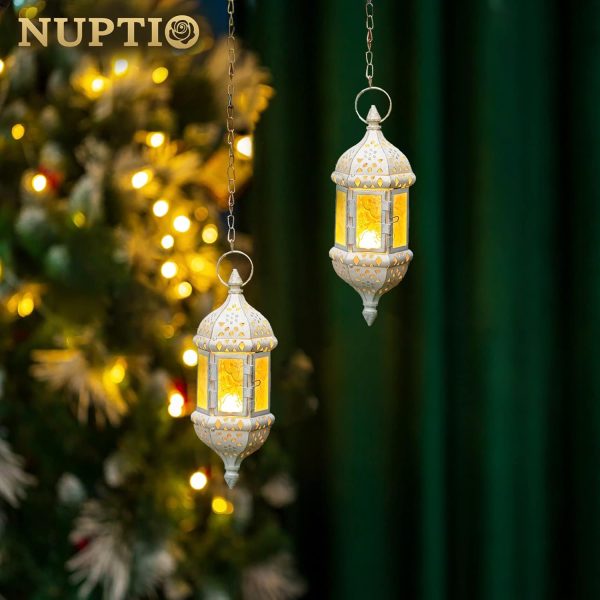 2 Pcs Moroccan Lantern Metalwork Hanging Tealight Candle Holder Metal Glass Indoor Outdoor Battery Operated LED Flameless with 13.8 inches Chain, White - Image 2