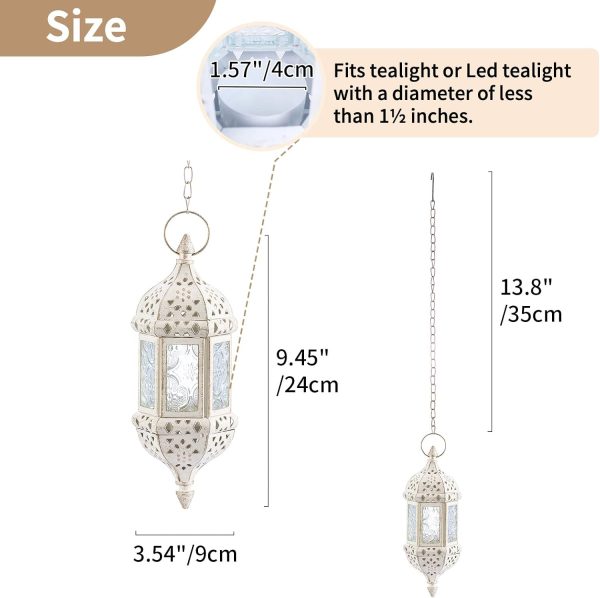 2 Pcs Moroccan Lantern Metalwork Hanging Tealight Candle Holder Metal Glass Indoor Outdoor Battery Operated LED Flameless with 13.8 inches Chain, White - Image 3