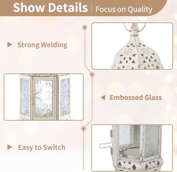 2 Pcs Moroccan Lantern Metalwork Hanging Tealight Candle Holder Metal Glass Indoor Outdoor Battery Operated LED Flameless with 13.8 inches Chain, White - Image 5