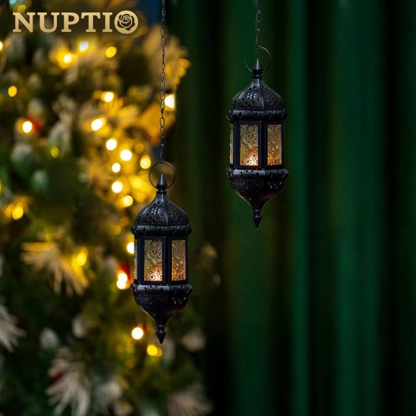2 Pcs Moroccan Lantern Metalwork Hanging Tealight Candle Holder Metal Glass Indoor Outdoor Battery Operated LED Flameless with 13.8 inches Chain, White - Image 13