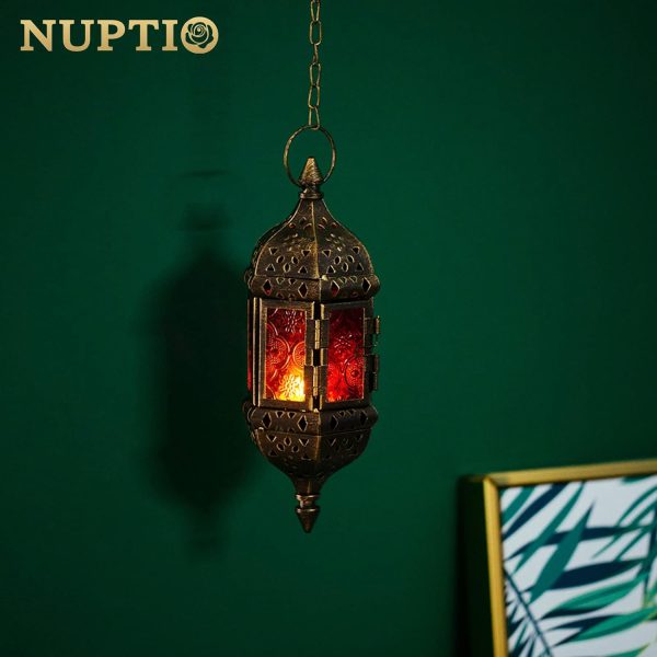 2 Pcs Moroccan Lantern Metalwork Hanging Tealight Candle Holder Metal Glass Indoor Outdoor Battery Operated LED Flameless with 13.8 inches Chain, White - Image 18